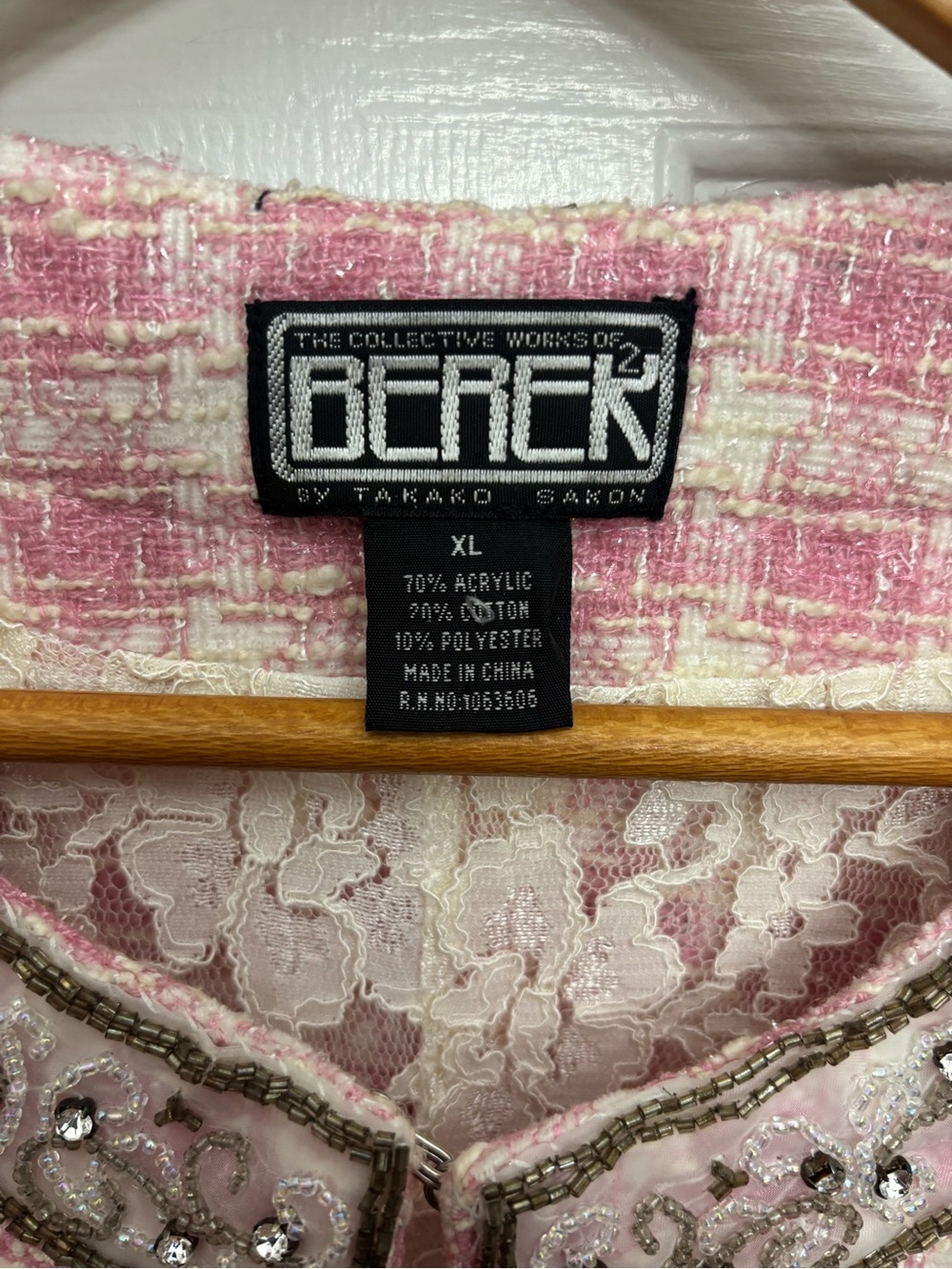 Berek by Takako Sakon Pink/Cream Tweed Plaid Embellished Vintage Lace Jacket - Picture 3 of 10